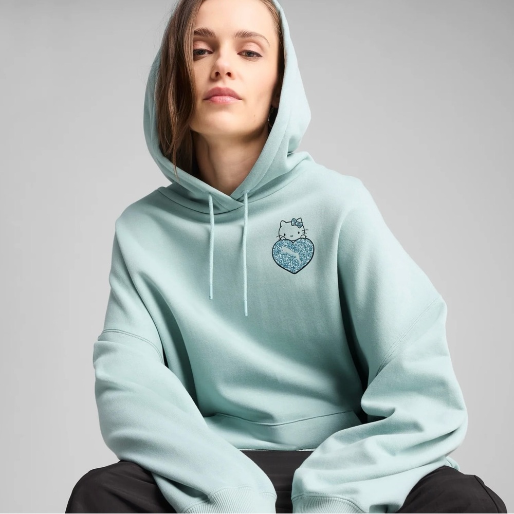 NEW Hello Kitty PUMA Glitter Graphic Trendy Oversized Hoodie Mint Womens L or XL